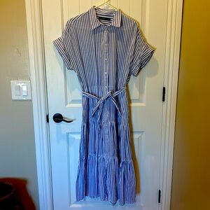 LAUREN RALPH LAUREN Tiered Cotton Shirt Dress Blue + White Womens size 12